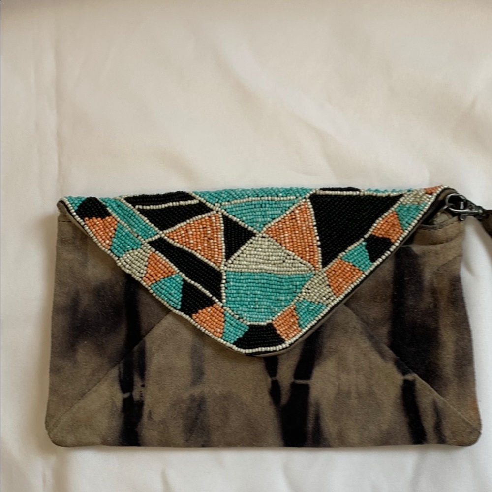 Maison Scotch Beaded Geometric Clutch or Wristlet,  Black and Tan